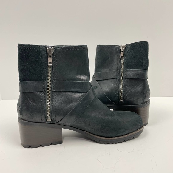 Sorel | Cate Buckle Black Leather Waterproof Block Heel Ankle Boots Booties - Picture 3 of 11